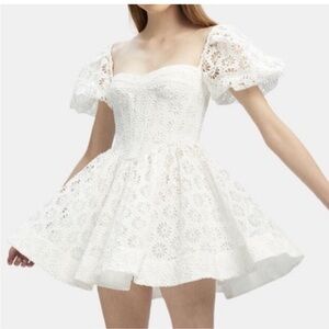 Bardot White Lace Puff Sleeve Mini Dress